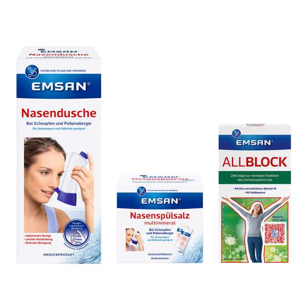 Emsan Allergie Set mit Nasendusche, Salz & Allblock Emsan Allergie Set mit Nasendusche, Salz & Allblock
