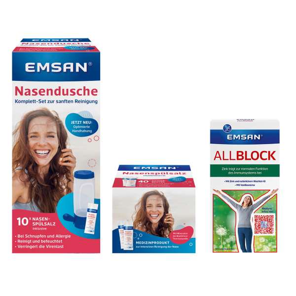 Emsan Allergie Set mit Nasendusche, Salz & Allblock Emsan Allergie Set mit Nasendusche, Salz & Allblock