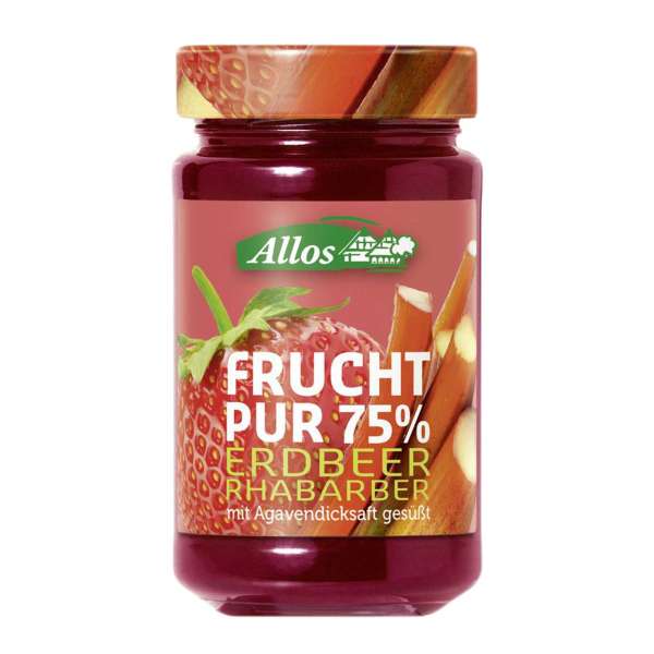 Allos Frucht Pur Erdbeer-Rhabarber Fruchtaufstrich mit Agavendicksaft Allos Frucht Pur Erdbeer-Rhabarber Fruchtaufstrich mit Agavendicksaft