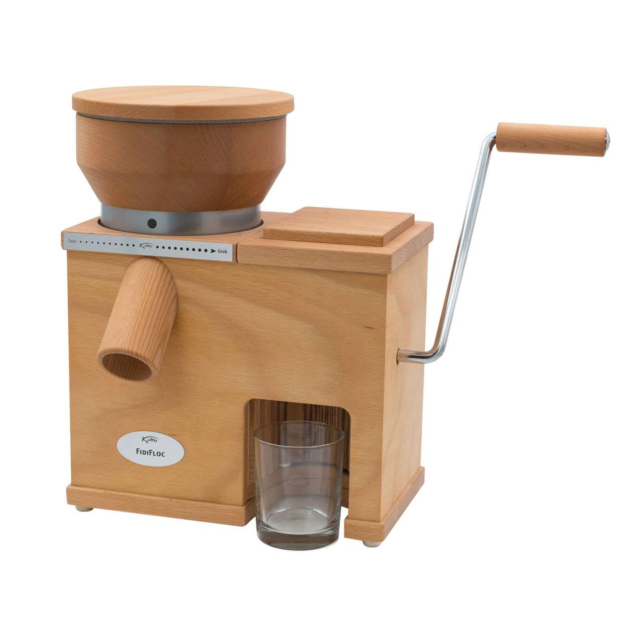KoMo Getreidemühle Holz Fidifloc 21 – elektrische Mühle mit Handflocker