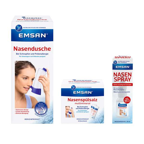 Emsan Schnupfen Set mit Nasendusche, Salz und Nasenspray Emsan Schnupfen Set mit Nasendusche, Salz und Nasenspray