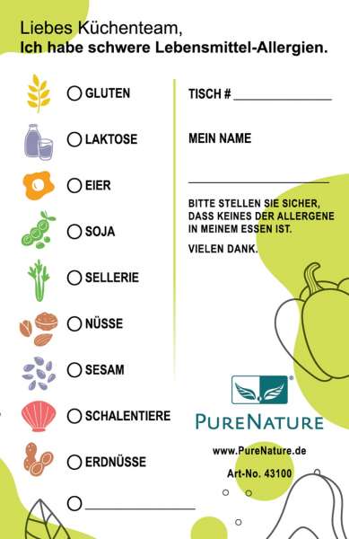 PureNature Allergiekarte fürs Restaurant bei Allergie in Sprache DE / EN PureNature Allergiekarte fürs Restaurant bei Allergie in Sprache DE / EN