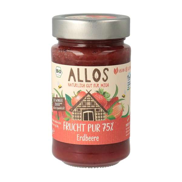 Allos Frucht Pur Erdbeer Fruchtaufstrich mit 75% Fruchtgehalt Allos Frucht Pur Erdbeer Fruchtaufstrich mit 75% Fruchtgehalt