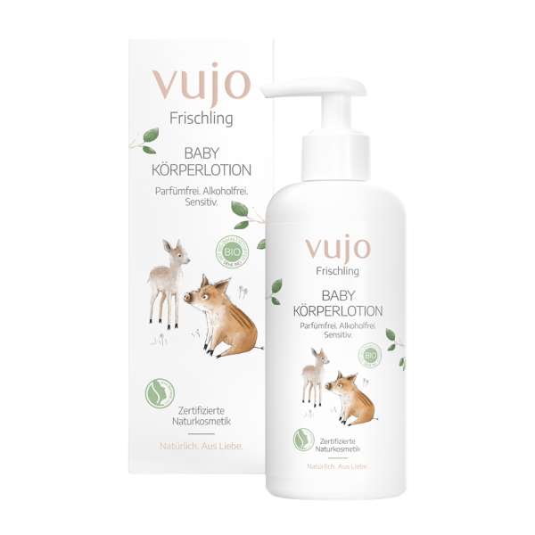 Vujo Baby Körperlotion: parfümfreie Babypflege-Creme Vujo Baby Körperlotion: parfümfreie Babypflege-Creme