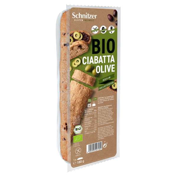 Schnitzer glutenfreies Bio-Ciabatta mit Oliven Schnitzer glutenfreies Bio-Ciabatta mit Oliven