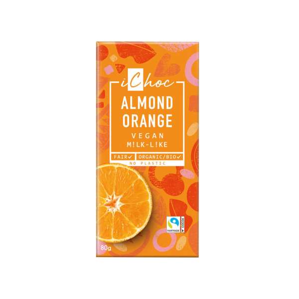Orangen-Schokolade mit Mandeln von iChoc - veganer Bio-Genuss Orangen-Schokolade mit Mandeln von iChoc - veganer Bio-Genuss