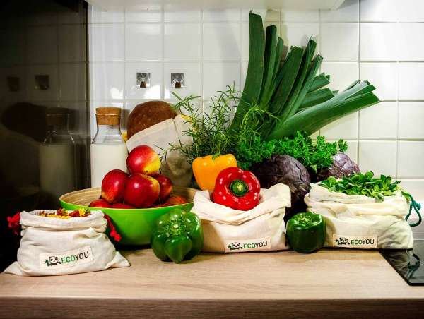 EcoYou Baumwollbeutel mit Kordelzug Set - für Obst, Gemüse & Brot