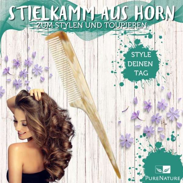 PureNature Kamm aus Horn mit Stiel zum Toupieren und Stylen