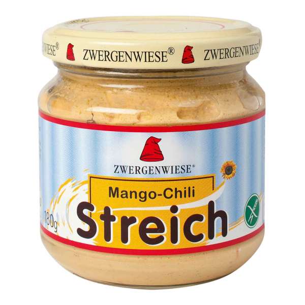 Aufstrich Zwergenwiese Mango-Chili mit Sonnenblumenkernen Aufstrich Zwergenwiese Mango-Chili mit Sonnenblumenkernen